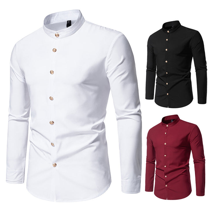 Men's long-sleeved shirt with modern standing collar and elegant button details Lisslune