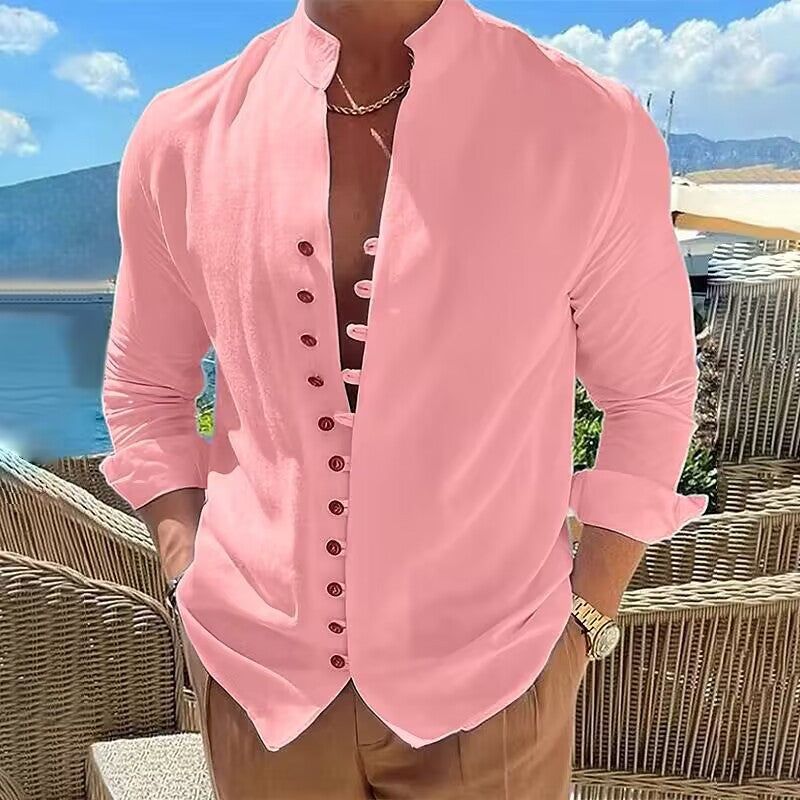 Men's long-sleeve shirt with stylish button placket and casual stand-up collar Lisslune