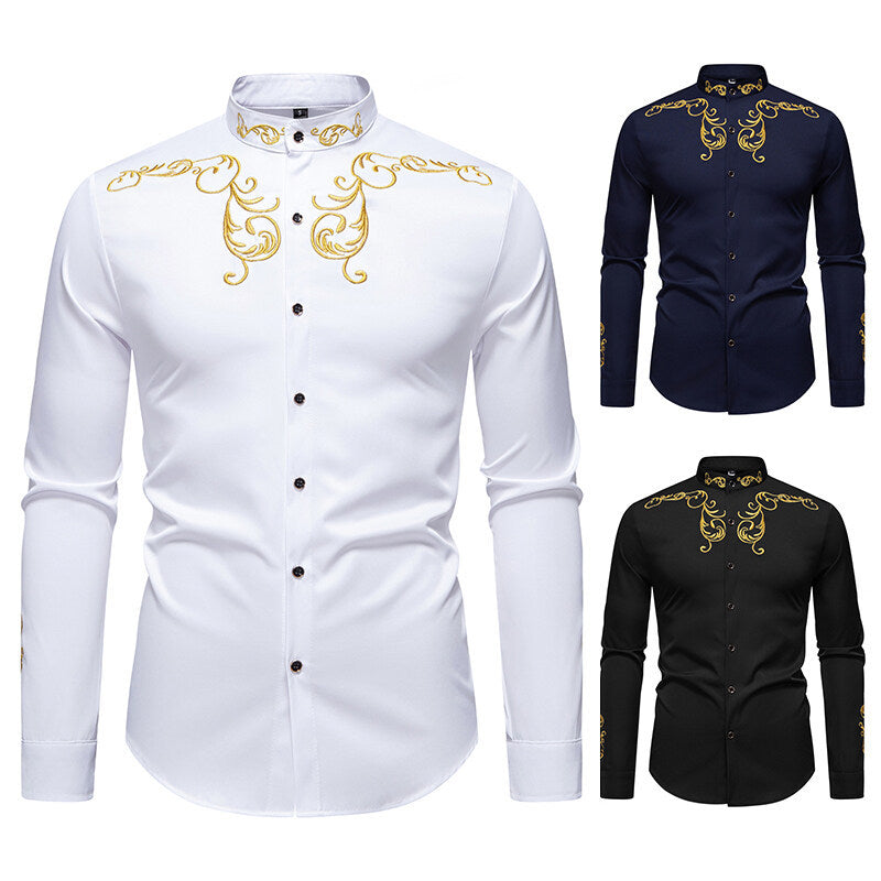 Men's Long Sleeve Shirt with Elegant Embroidery Design Lisslune