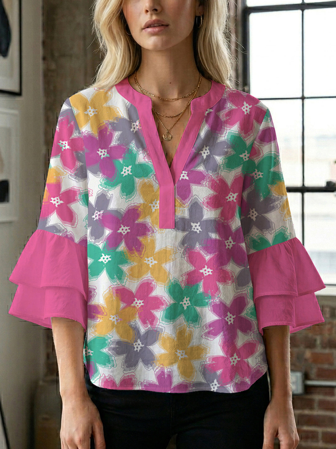Women's blouse with voluminous sleeves and floral design Lisslune