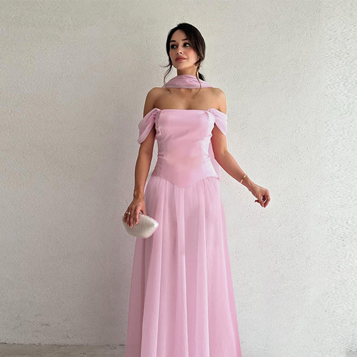 Women’s evening dress with off-shoulder design and elegant ruffle accents Lune London