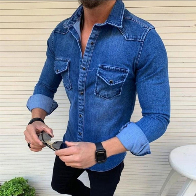 Men's Denim Shirt with Modern Cut and Practical Breast Pockets Lisslune