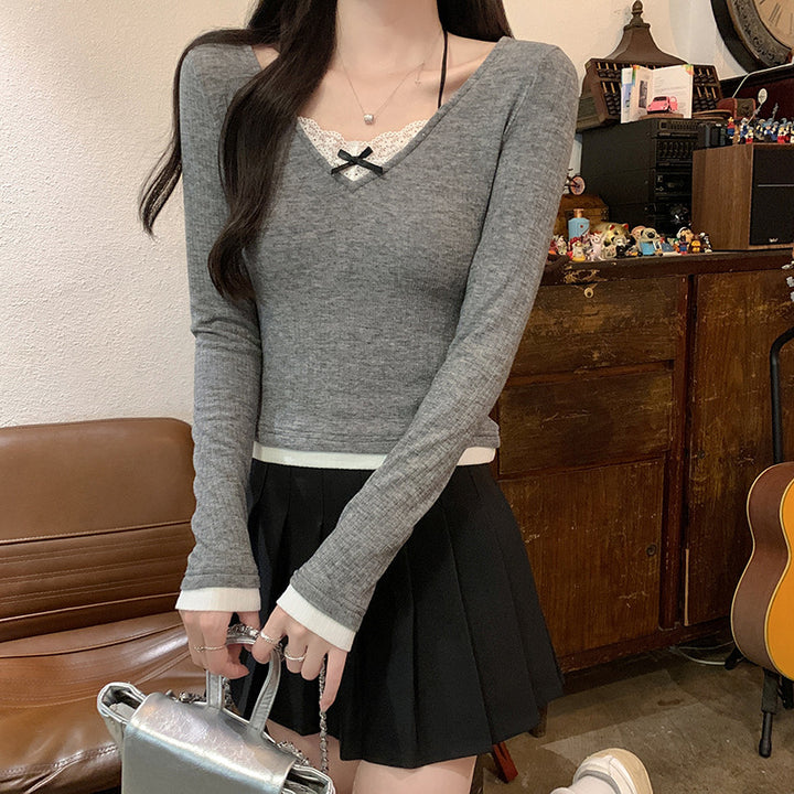 Women's long-sleeve shirt with V-neck and lace accents Lisslune