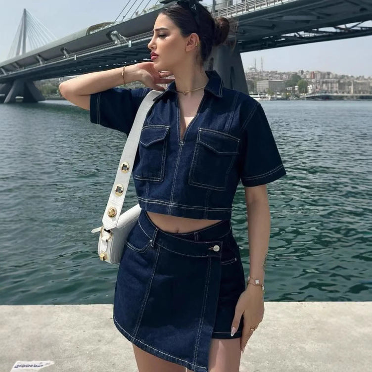 Women's Fashion Denim Crop Top and Skirt Set Lisslune
