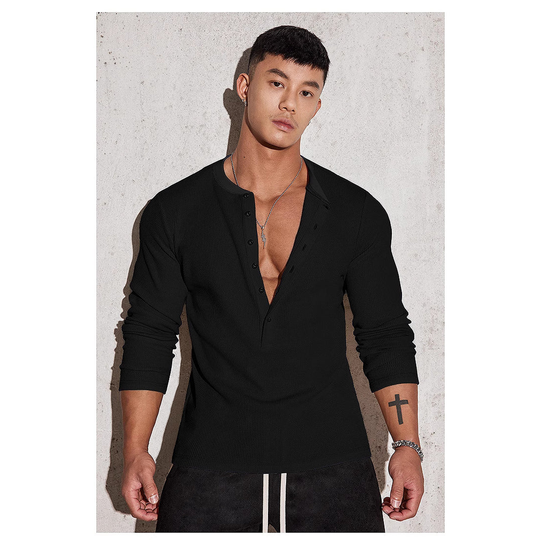 Men's Long Sleeve Henley Shirt with Textured Design Lisslune