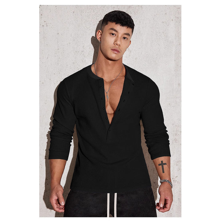 Men's Long Sleeve Henley Shirt with Textured Design Lisslune