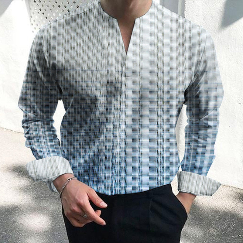 Men's long sleeve shirt with modern V-neck and textured stripe pattern Lisslune