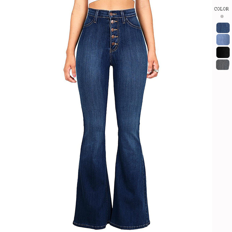 Women High-Waist Flared Jeans with decorative button details and elastic waistband Lisslune