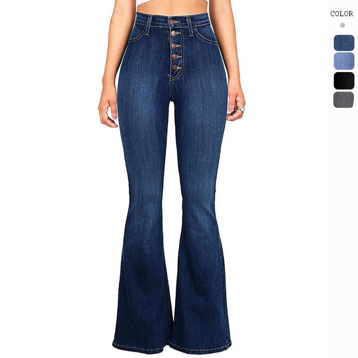 Women High-Waist Flared Jeans with decorative button details and elastic waistband Lisslune