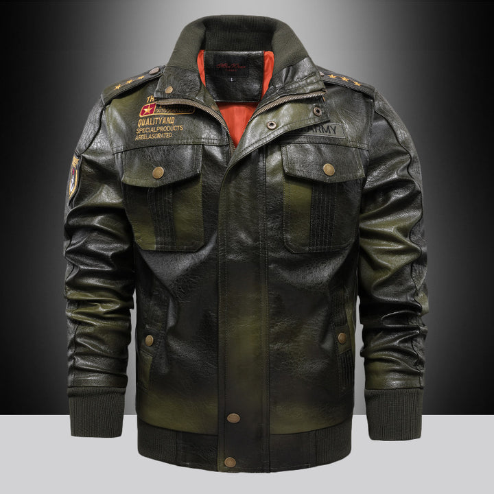 Men's Synthetic Leather Jacket with Military Design and Practical Pockets Lisslune