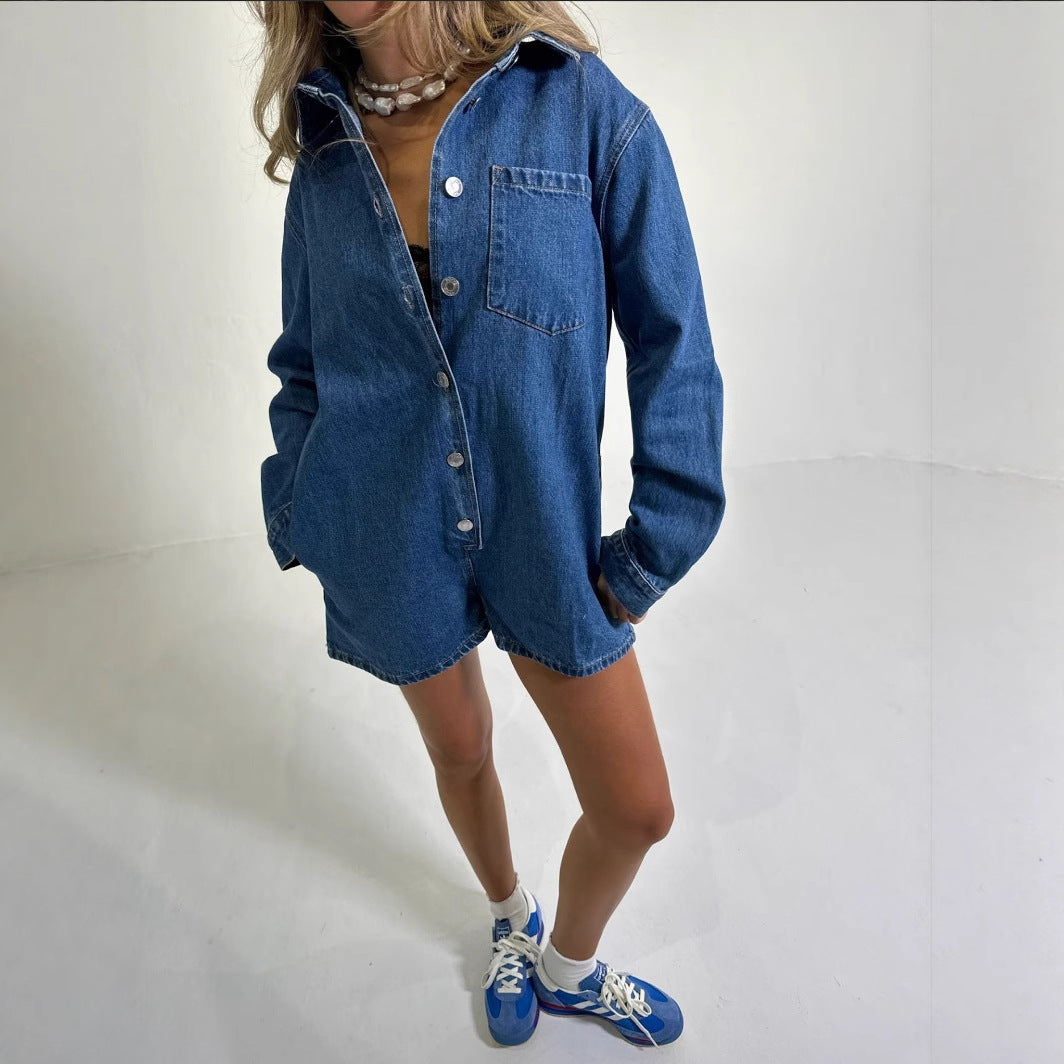 Women's Denim Overall with Short Sleeves and Practical Pockets Lisslune