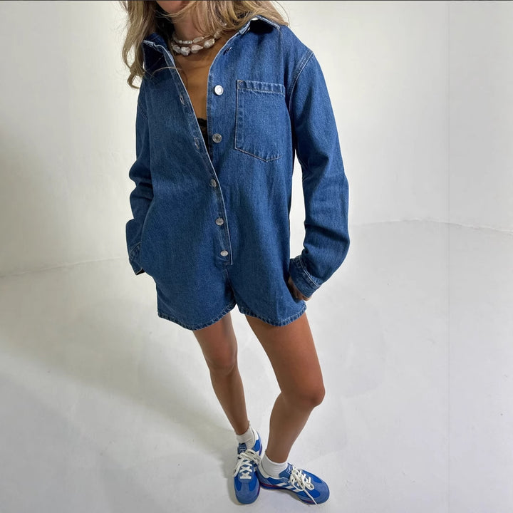 Women's Denim Overall with Short Sleeves and Practical Pockets Lisslune