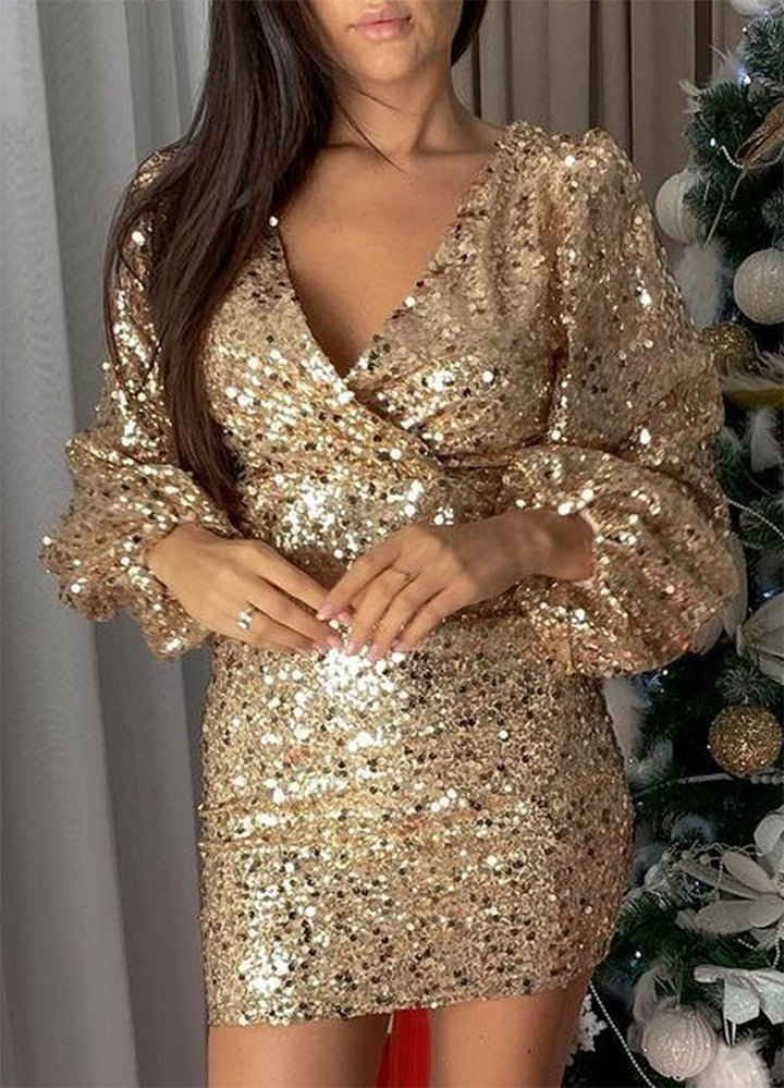 Women's sequined dress with V-neck and puff sleeves Lisslune