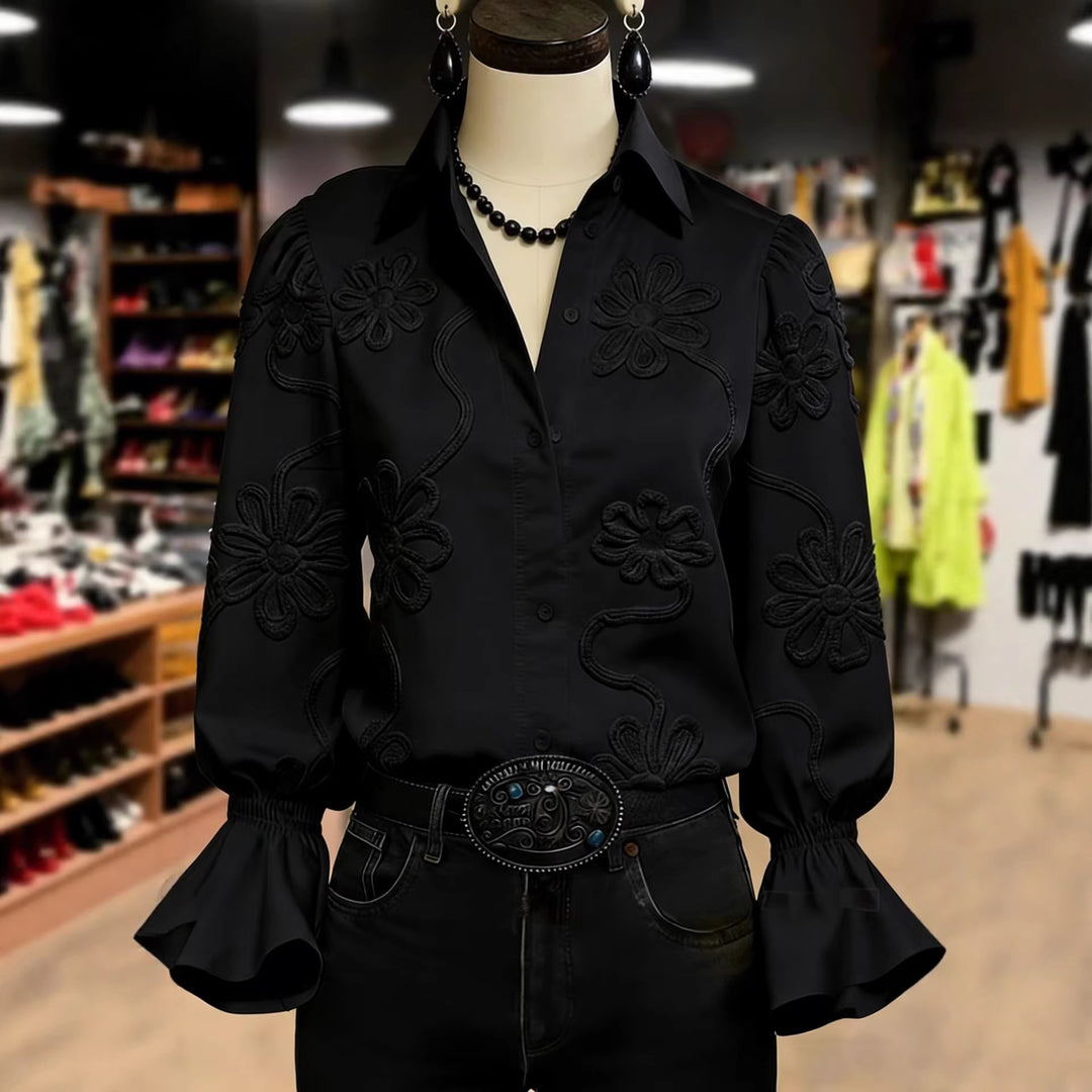 Damen elegante Bluse mit floraler Stickerei und voluminösen Ärmeln Lisslune