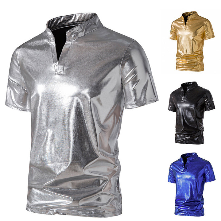 Men's shiny short-sleeve shirt in modern stand-up collar design Lisslune