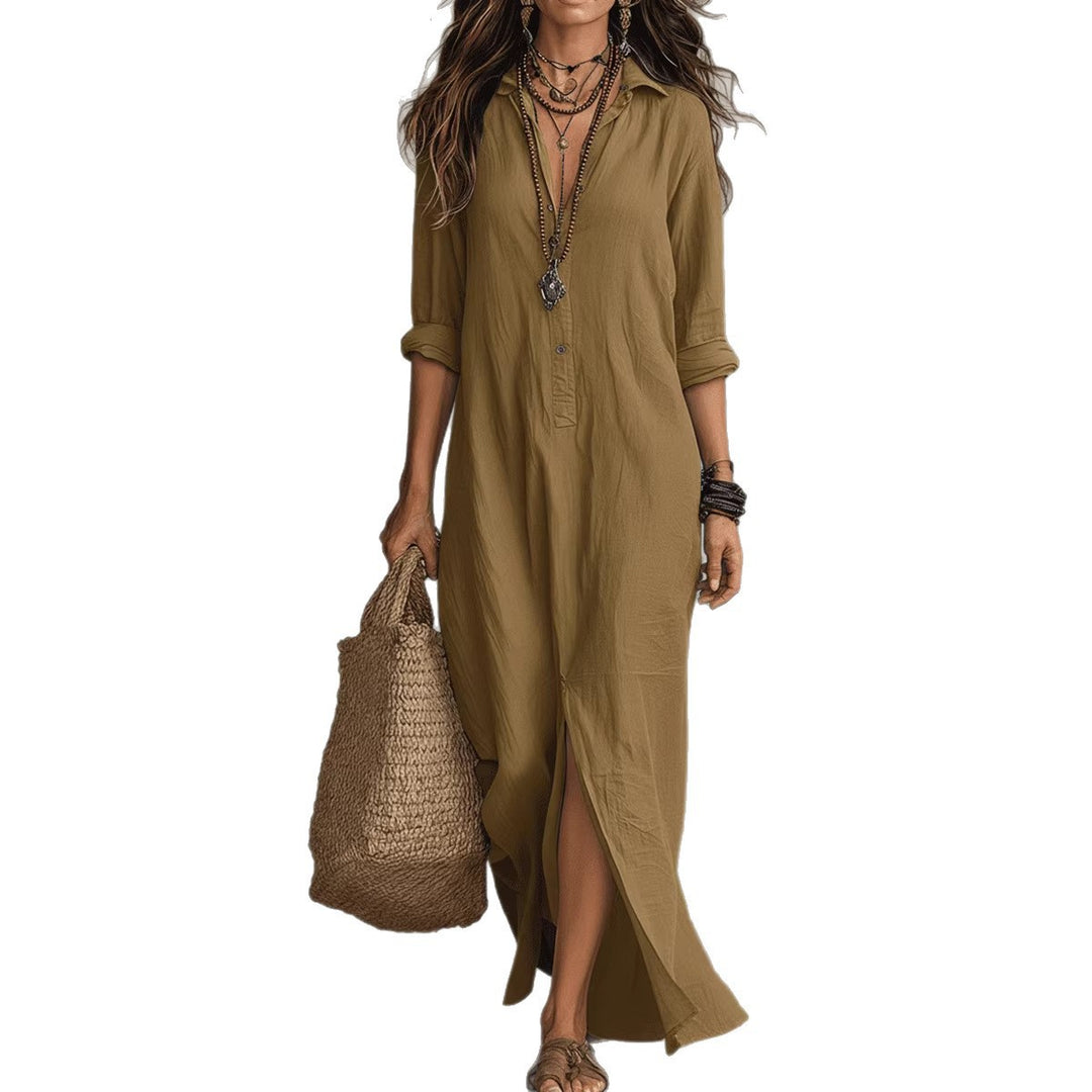 Women's Long Shirt Dress with Button Closure and Side Slit Lisslune