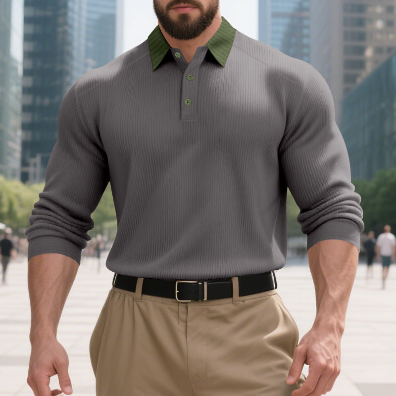 Men's long sleeve polo shirt with textured collar and decorative button closure Lisslune