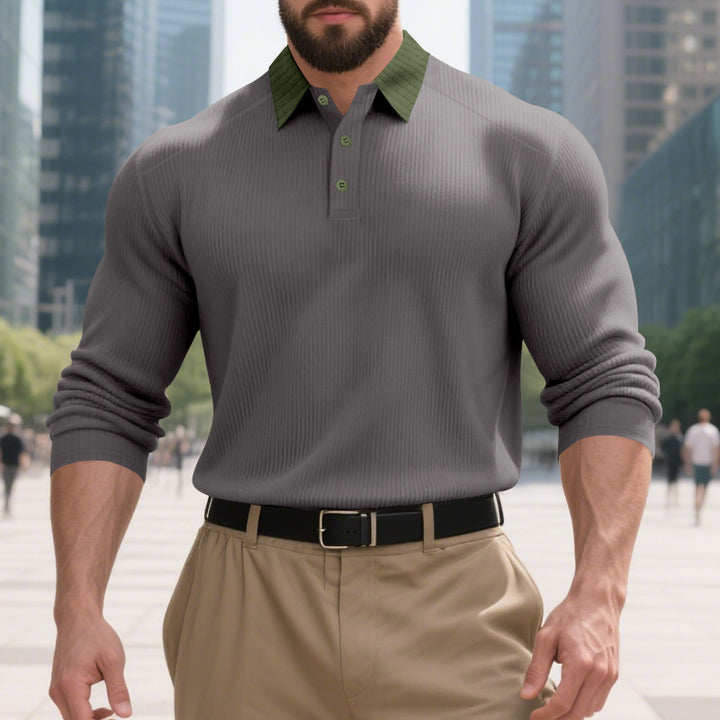 Men's long sleeve polo shirt with textured collar and decorative button closure Lisslune