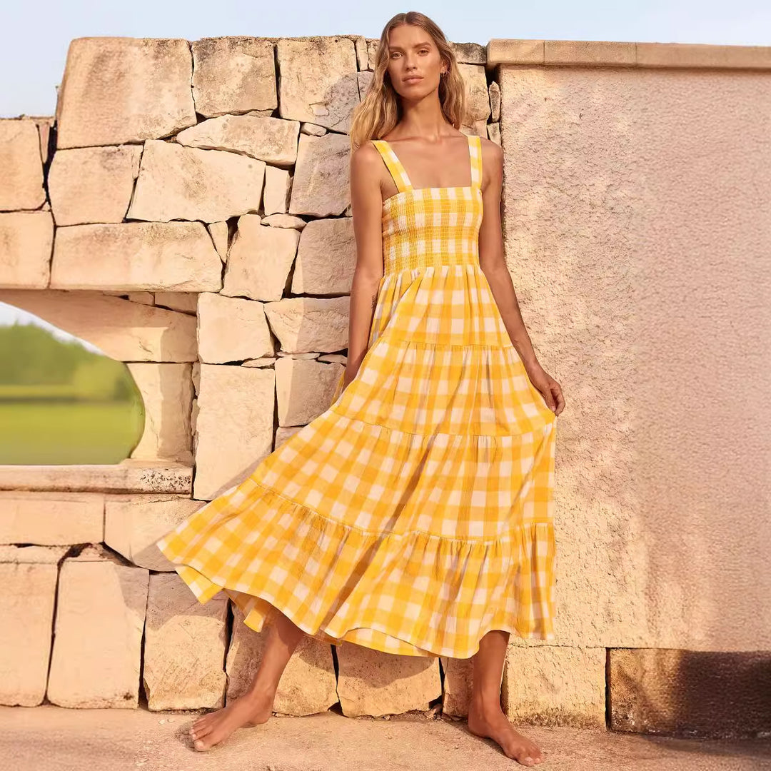 Ladies Summer Maxi Dress with Checked Design and Straps Lisslune