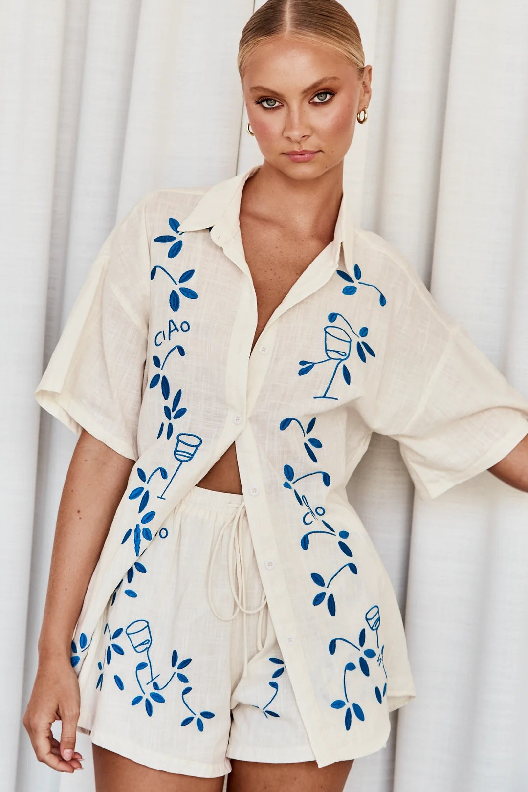 Women's Airy Short Sleeve Shirt and Shorts Set with Floral Embroidery Design Lune London