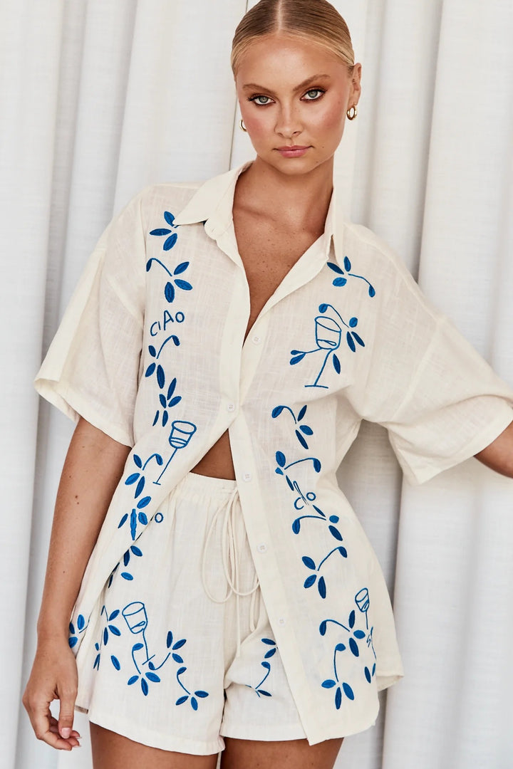 Women's Airy Short Sleeve Shirt and Shorts Set with Floral Embroidery Design Lune London