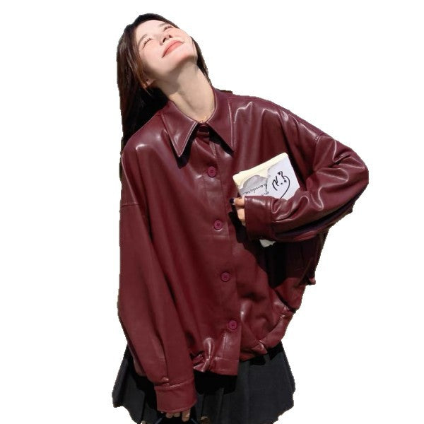 Women Oversized Synthetic Leather Jacket with Practical Pockets and Button-Down Closure Lisslune