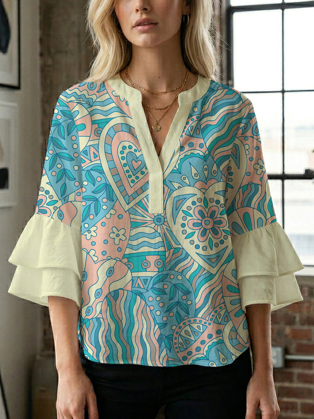 Ladies elegant top with voluminous ruffle hems and floral design Lisslune