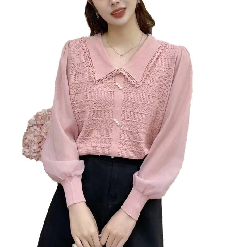Women's blouse with lace collar and decorative buttons