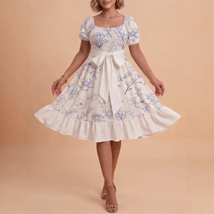 Women's Midi Dress with Elegant Floral Print and Fitted Belt Lisslune
