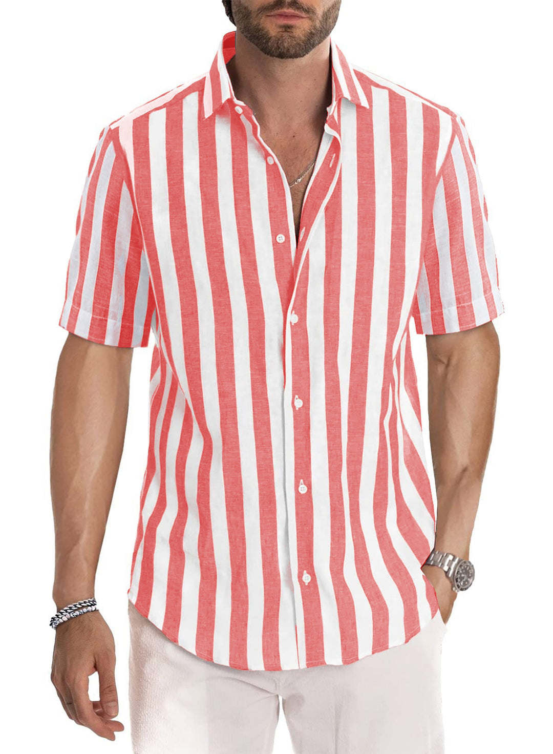 Men's Shirt Made of Lightweight, Breathable Cotton-Linen Blend with Modern Stripe Pattern Lisslune
