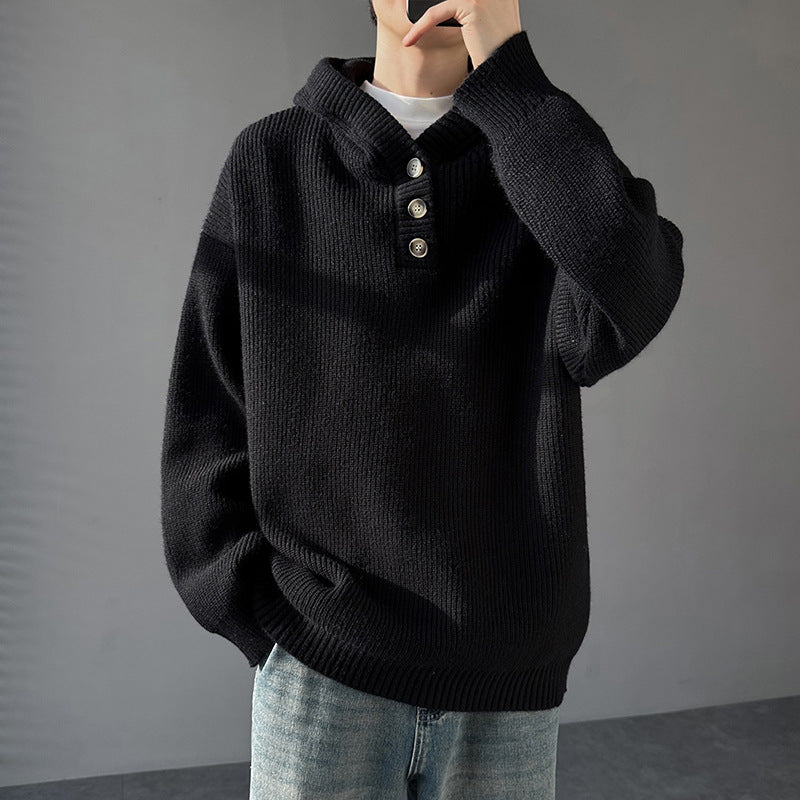 Men's knitted pullover with button placket and hood Lisslune