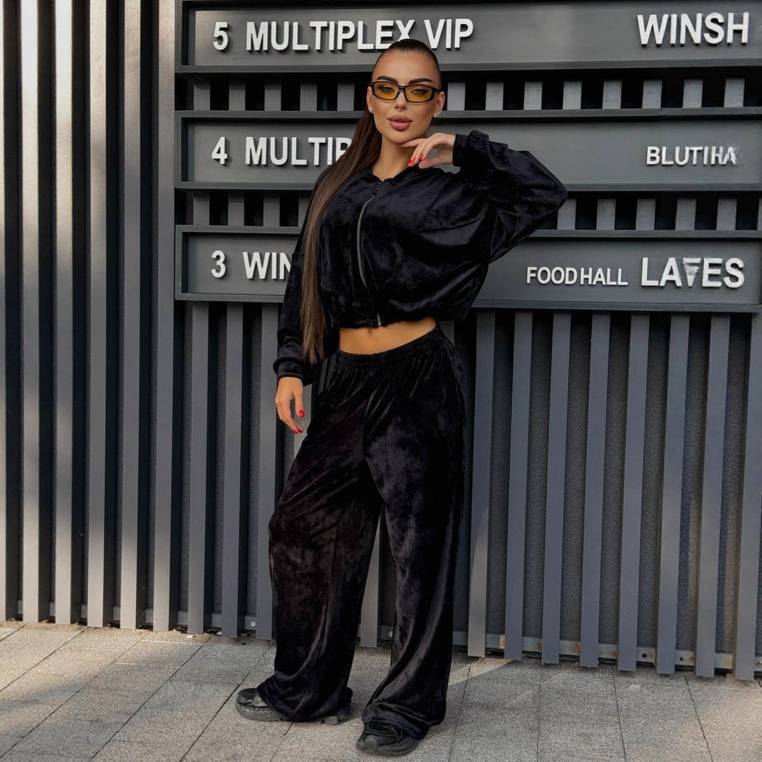 Women's sporty loungewear jacket with zipper and trendy wide-cut pants Lisslune