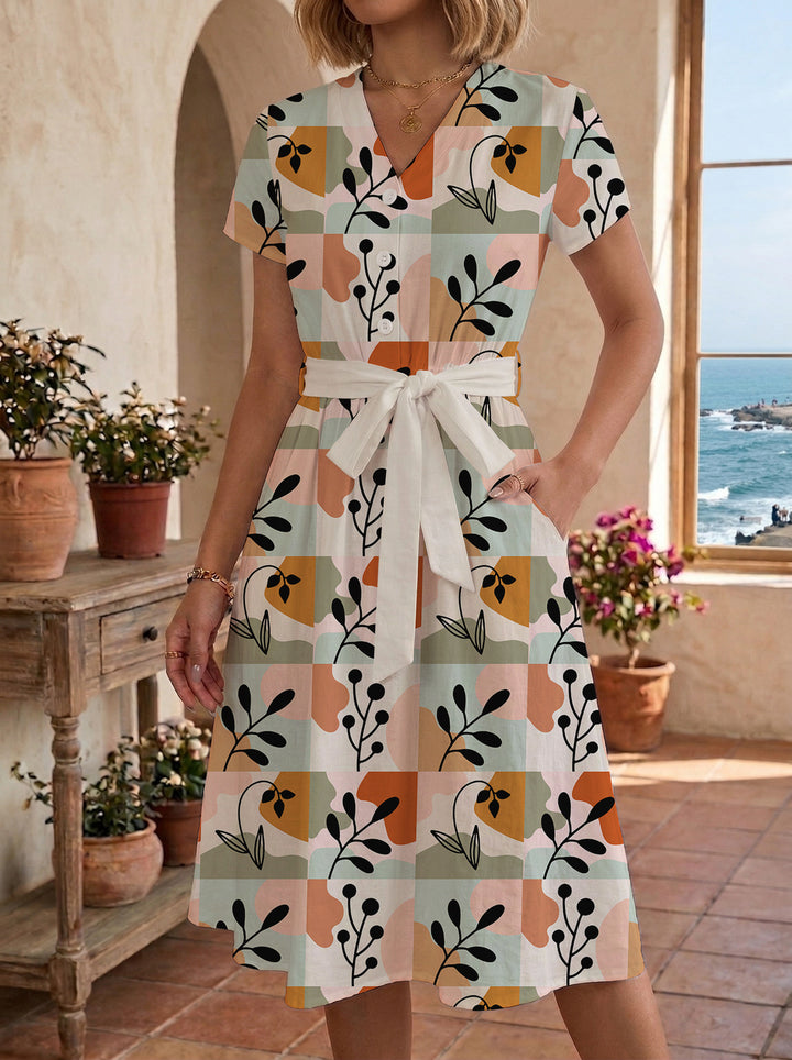Women’s midi dress with colorful floral design and adjustable tie belt Lisslune