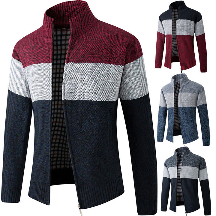 Men's Fashion Knit Jacket with High Collar and Striped Design Lisslune