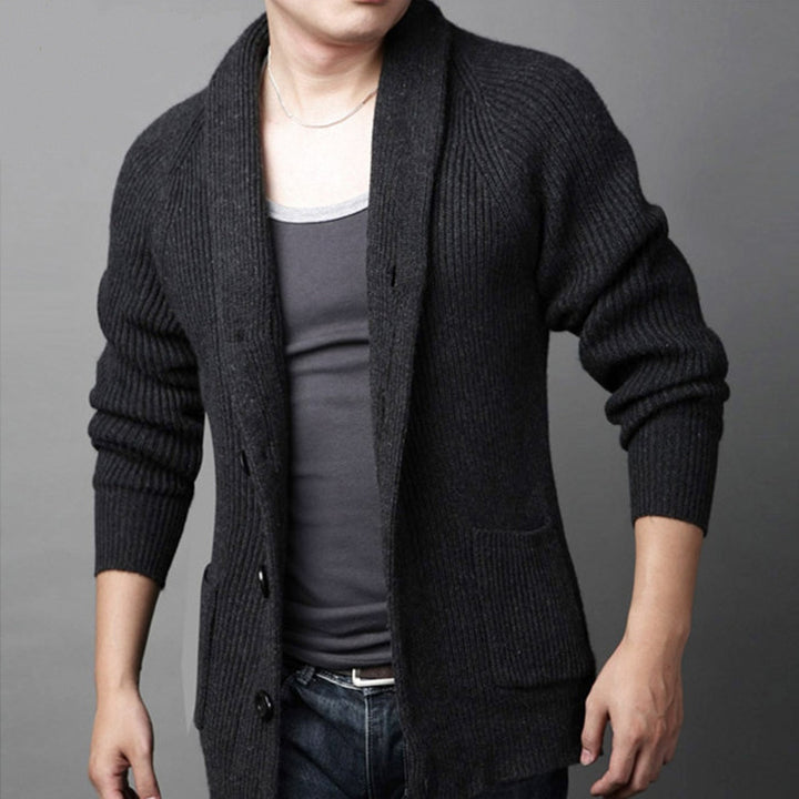 Men's chunky knit cardigan with shawl collar and practical pockets Lisslune