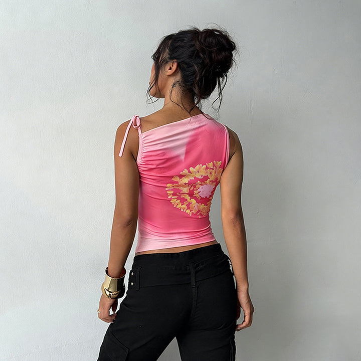 Ladies fitted tank top with floral pattern and fine ruffle details Lune London