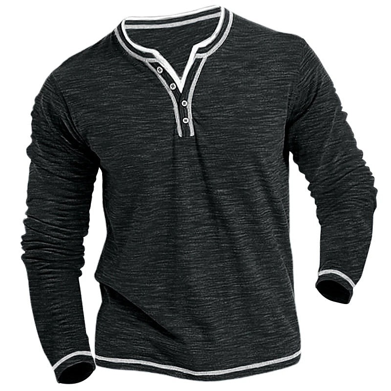 Men's Long Sleeve Henley Shirt with Contrast Stitching Lisslune