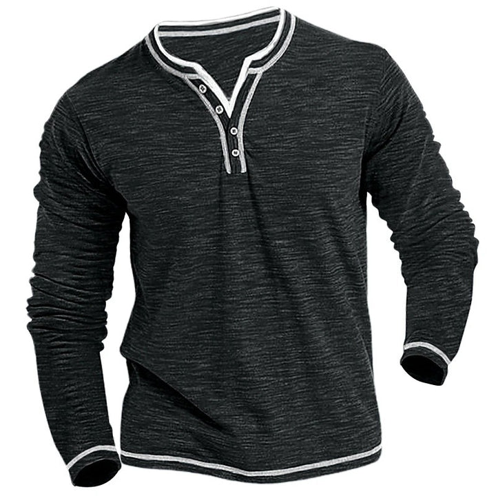 Men's Long Sleeve Henley Shirt with Contrast Stitching Lisslune