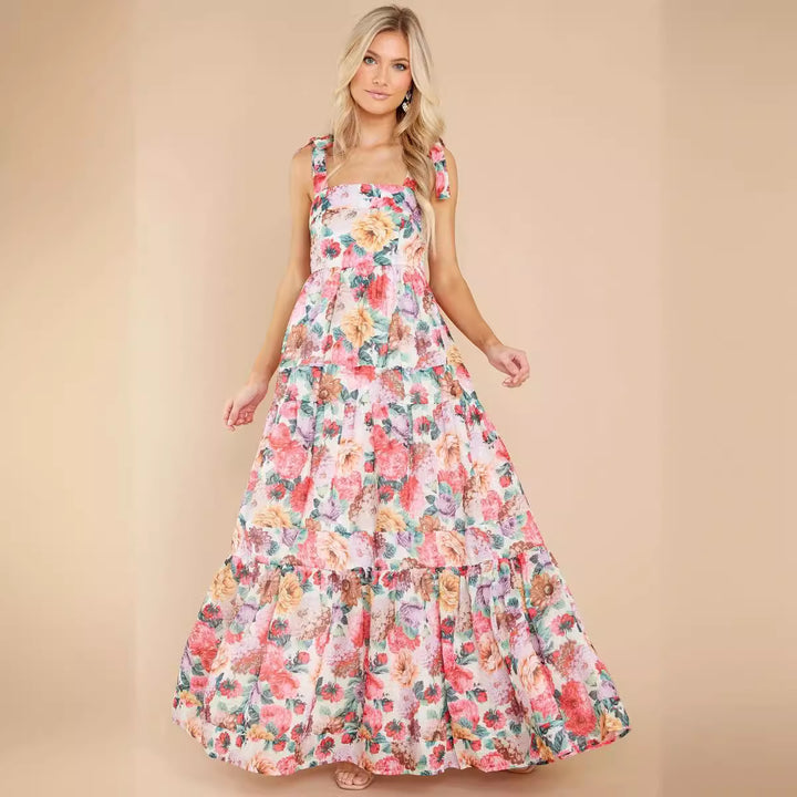 Women's Boho Maxi Dress with Playful Ruffle Details and Straps Lune London