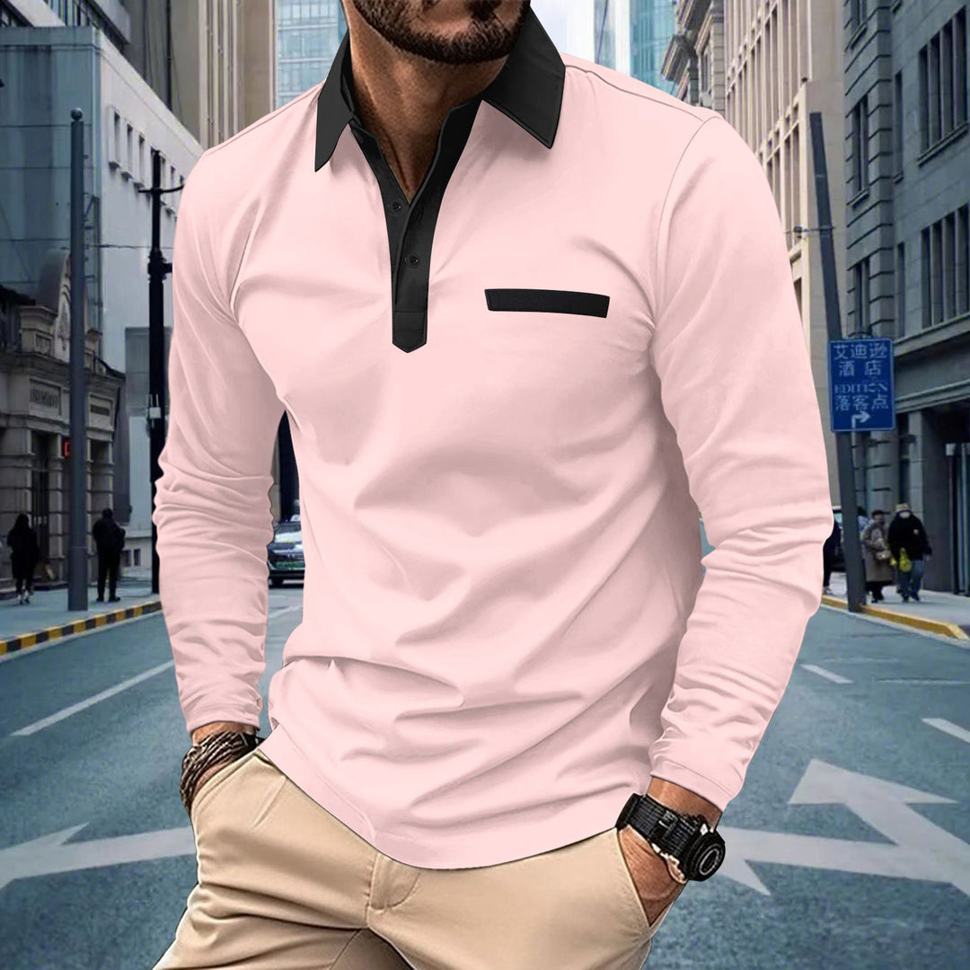 Men's long sleeve polo shirt with modern stand-up collar and sophisticated contrast design Lisslune