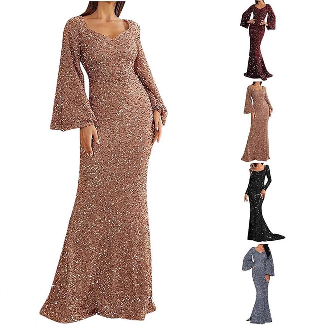 Ladies Glamorous Glitter Evening Dress with Swinging Skirt and Voluminous Sleeves Lisslune