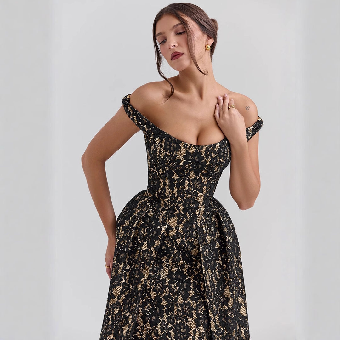 Women's evening dress with refined lace appliqués and elegant cut