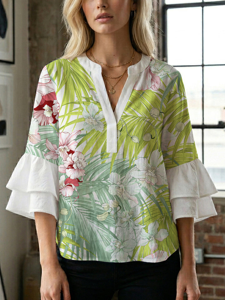 Ladies elegant blouse shirt with voluminous puff sleeves and graphic floral design Lisslune