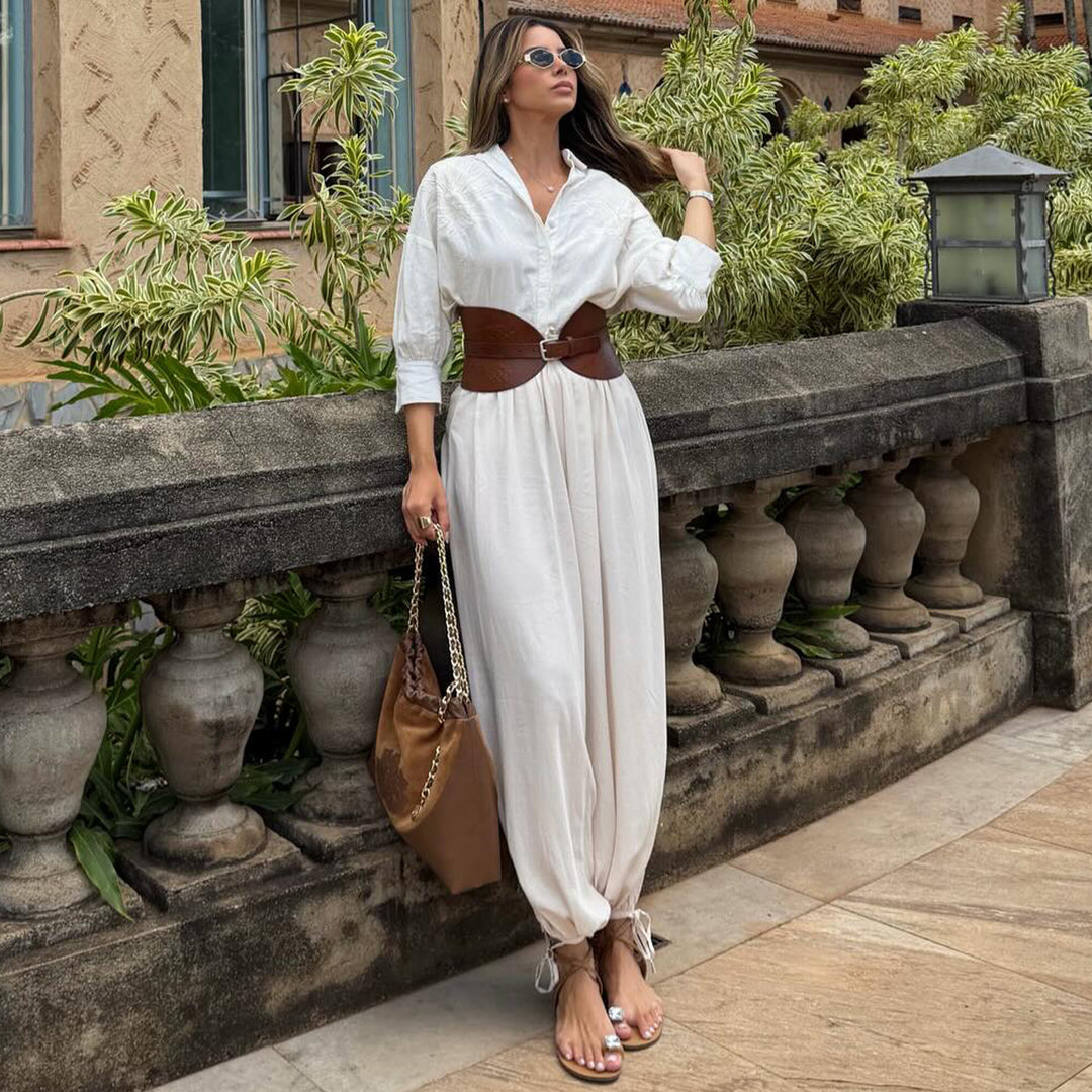 Women's voluminous jumpsuit with elegant button blouse and waist belt Lisslune