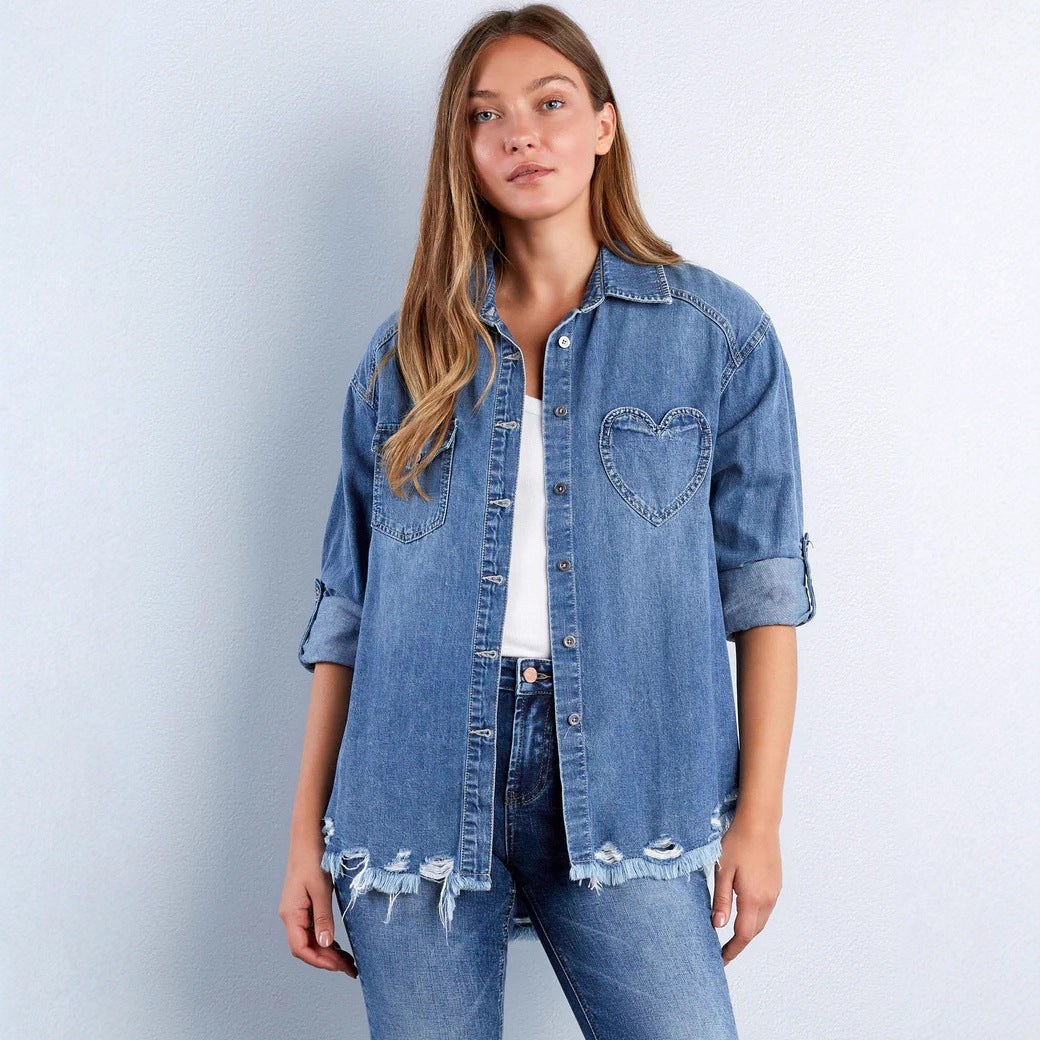 Women's denim blouse with heart appliqué and fringed hem Lisslune