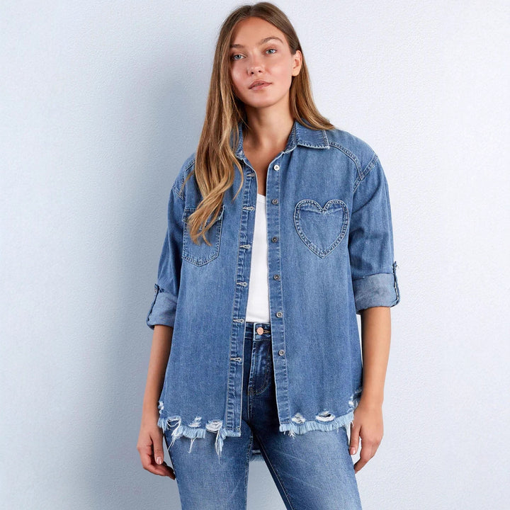 Women's denim blouse with heart appliqué and fringed hem Lisslune