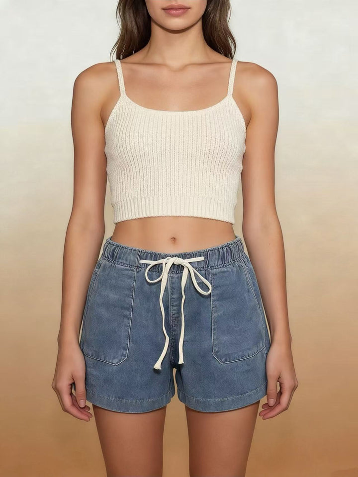 Ladies Casual Denim Shorts with Elastic Waistband Lisslune
