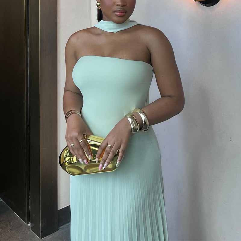 Women Pleated Maxi Dress with Elegant Shoulder Strap and Figure-Flattering Cut
