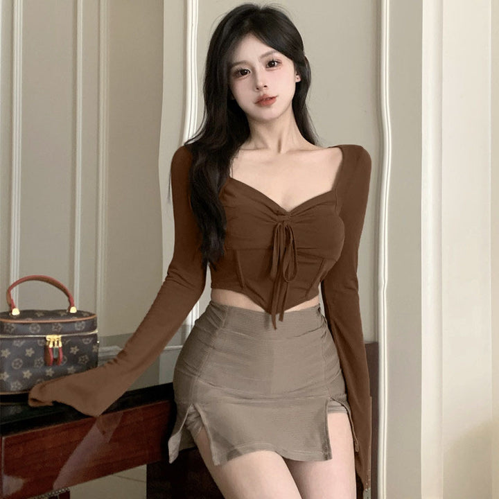 Women's Cropped Long Sleeve Shirt with Decorative Lacing and Casual Cut
