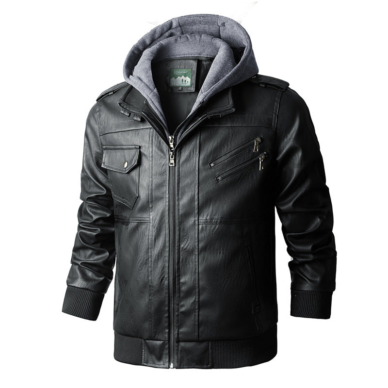 Men's Leather Jacket with Integrated Hood and Practical Pockets Lisslune